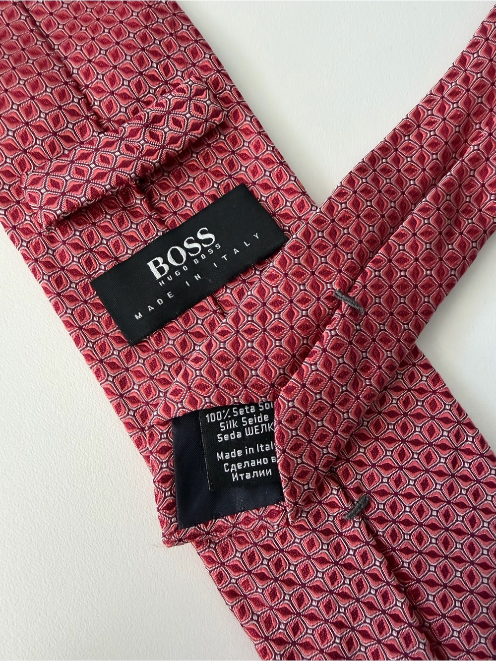 BOSS Hugo Boss Red Florette Geometric Woven Jacquard 100% Silk Tie Made In Italy